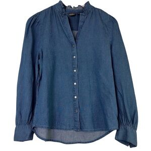 SOHO New York & Company Chambray Button Up Ruffle Neck Puff Shoulder Sleeves